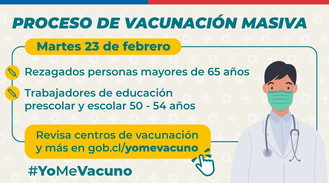 DPPCordillera's tweet photo. #ProvinciaCordillera. Hoy, martes, 23/02, le corresponde recibir la 💉 contra el COVID-19 al personal de educación entre 50 y 54 años, y rezagados mayores de 65 años. En 🗒 de Vacunación Masiva puedes revisar cuando recibirán sus dosis https://t.co/Lz6uapsxI0
 #YoMeVacuno https://t.co/jVAbPNCga6