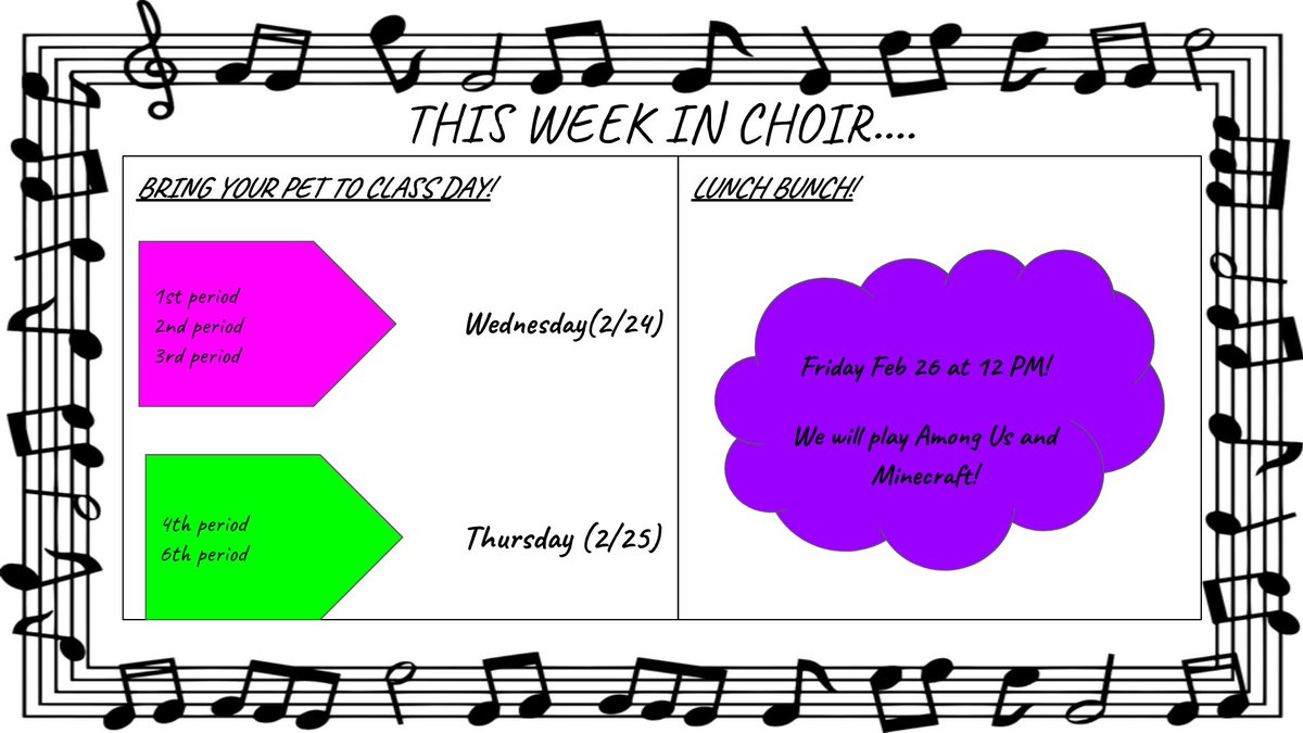 Exciting happenings in Choir this week! We are bringing our pets to class Wednesday and Thursday! Remember Lunch Bunch is Friday at 12 as usual!  <a href="/RamseyMS_JCPS/">Ramsey Middle School</a>