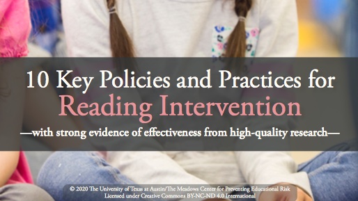 Here are 10 easy-to-follow recommendations that districts and schools can use to improve #reading intervention!  <a href="/MCPER_EDU/">The Meadows Center for Preventing Educational Risk</a> 

texasldcenter.org/key-policies-a…