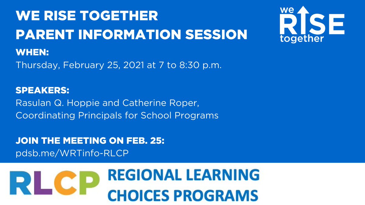 Parent representatives of <a href="/WRT_PDSB/">We Rise Together 2.0</a> are hosting an information session on elementary RLCP programs for families of Peel board African, Caribbean and Black, First Nations, Inuit and Métis students.

Join the meeting on Feb. 25 at 7 p.m. by visiting pdsb.me/WRTinfo-RLCP