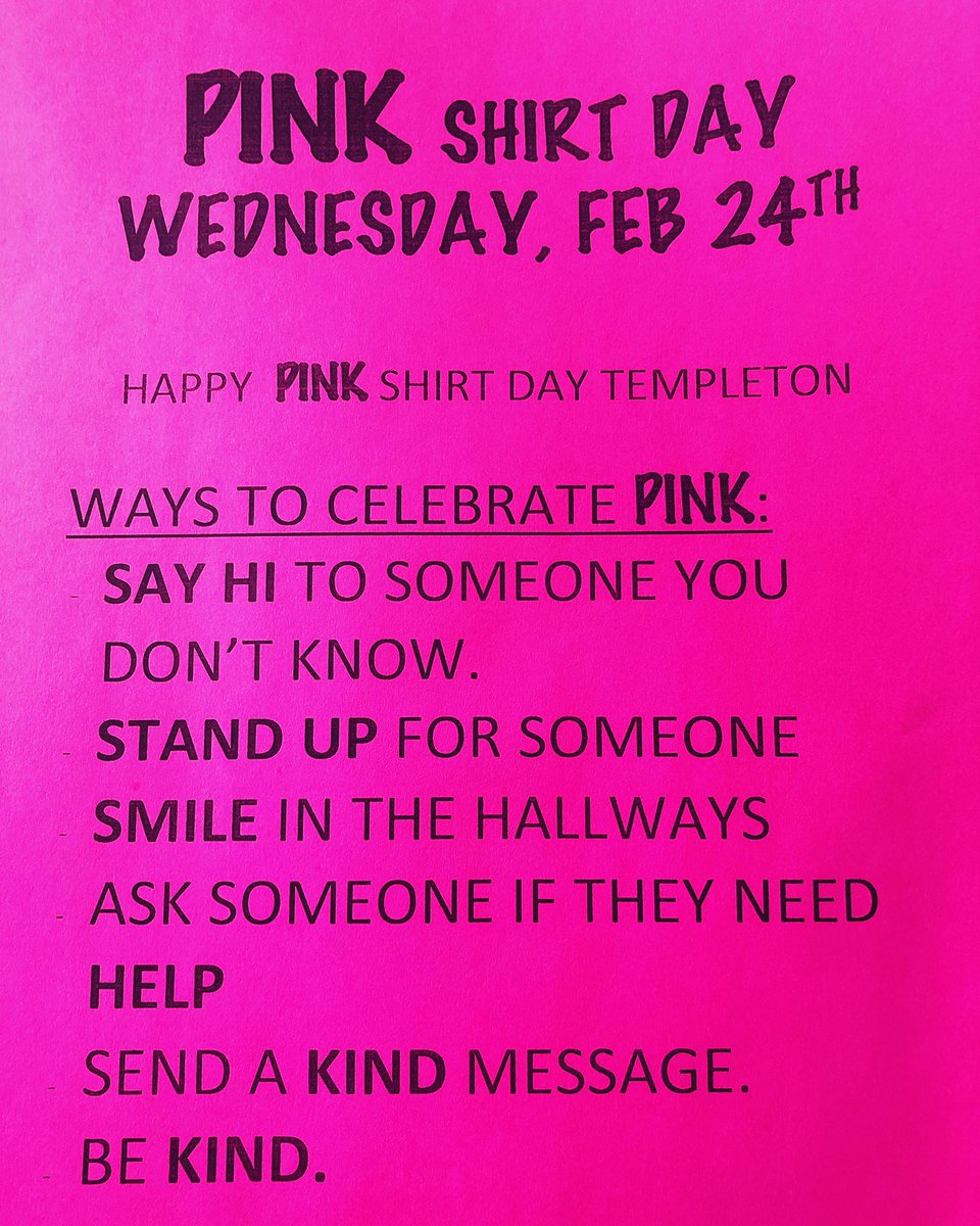Wear #pink on Feb 24th. #PinkShirtDay #stopbullying <a href="/VSB39/">Vancouver School Board</a> <a href="/TempletonSS_PAC/">Templeton Secondary PAC</a>