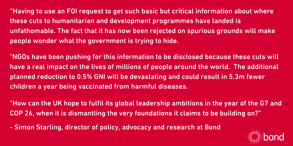 bondngo's tweet photo. Government rejects Freedom of Information request to reveal cuts to UK Aid. 

Our response from director of policy, advocacy and research @SimonAStarling.

Find out more and read an accessible version of the quote: https://t.co/K7nSXDGjYZ https://t.co/tdspj5YoRn