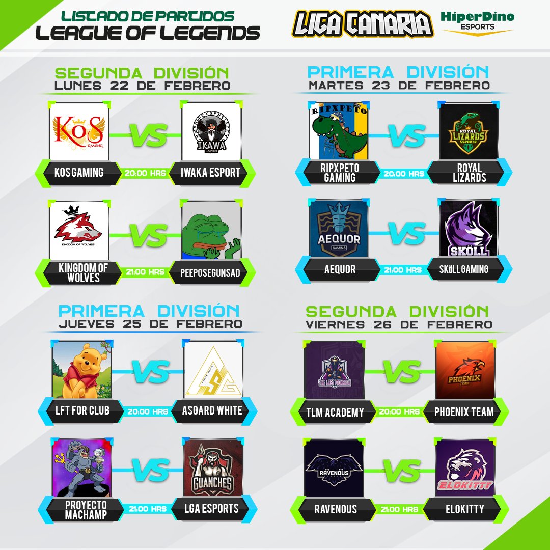 LigaCanaria's tweet photo. Partidos de 1ª y 2ª división de League of Legends esta semana en #LigaCanariaHD 📣
#KosGaming #RixpetoGaming #KingdomOfWolves #Peeposegunsad #LFTForClub #PhoenixTeam #ProyectoMachamp #Ellokitty
Puedes seguirlo todo en https://t.co/JTvrVRkbbt junto a @Rudegar y @Toni_Sr 🍿🎬 https://t.co/tLi9mYCPqX