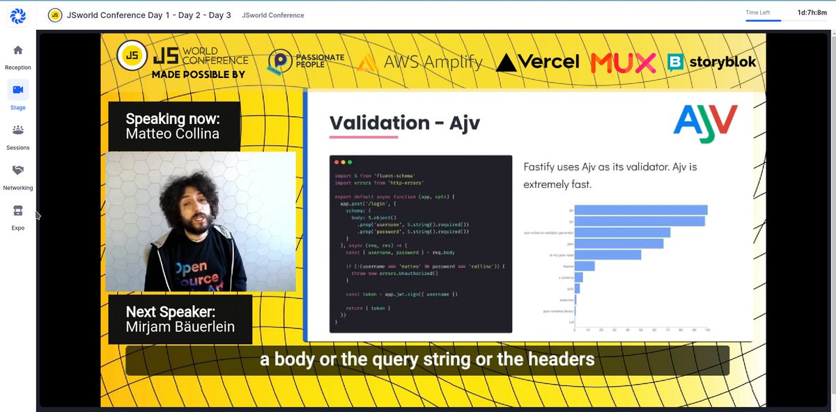 Mithenks's tweet photo. Second day of #JSworldConference by @Frontend_Love 
Nice introduction to @fastifyjs by @matteocollina: it is really worth a try! https://t.co/eDCtwI9ptV