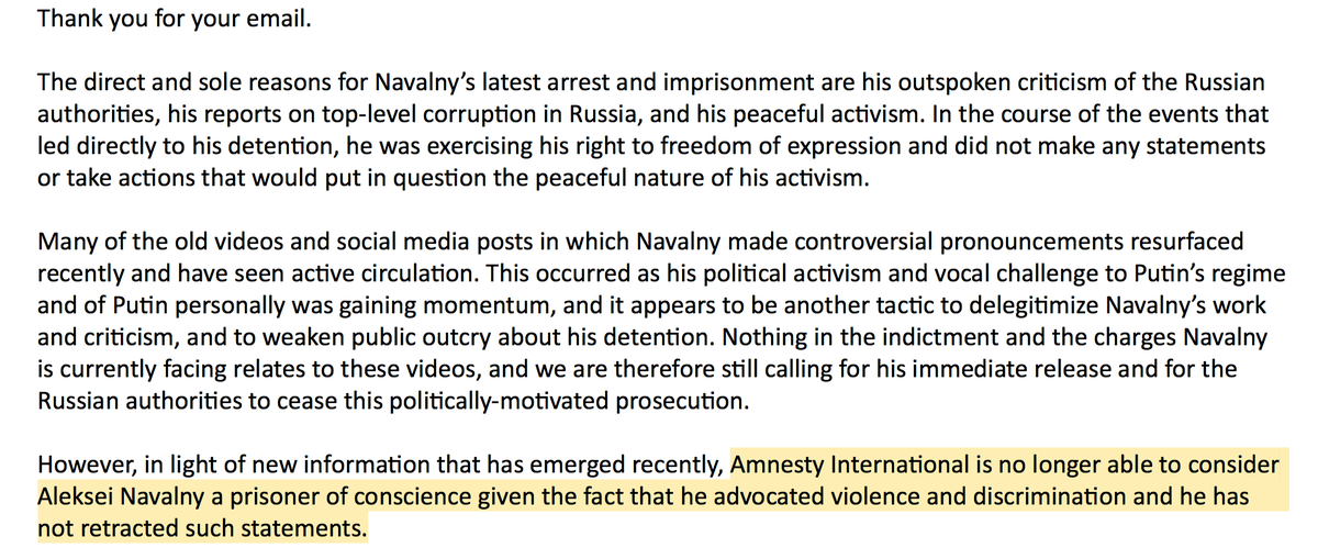 aaronjmate's tweet image. New: @AmnestyUK withdraws designation of Navalny as a "prisoner of conscience." In email, Amnesty says it's "no longer able to consider Aleksei Navalny a prisoner of conscience given the fact that he advocated violence and discrimination and he has not retracted such statements."