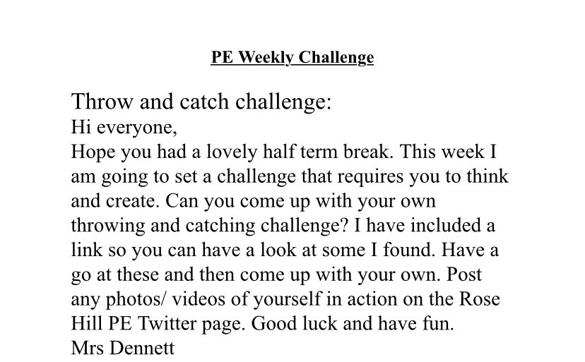 Here is this weeks PE challenge. Don’t forget to log your activity and post photos on here. Here is the link to help you complete the challenge youtu.be/FYS9o-__MwI 💪👊<a href="/hill_primary/">Rose Hill Primary</a>