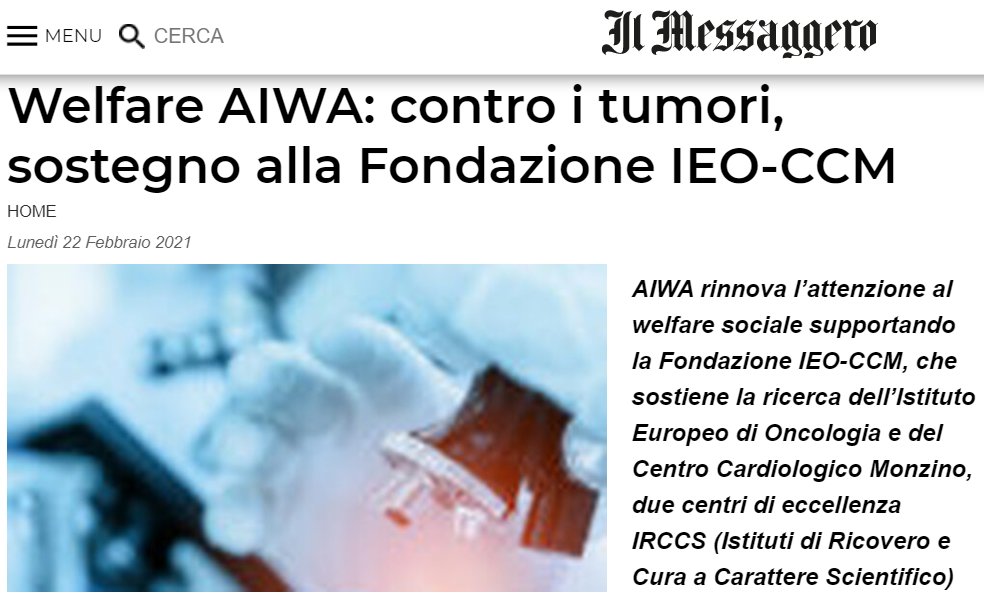 #AIWA ripone grande attenzione al #welfare sociale e ha deciso per questo di essere al fianco della @FondazIEOCCM

Il nostro impegno in particolare per supportare la raccolta fondi a favore della #ricerca oggi è raccontato su <a href="/ilmessaggeroit/">Il Messaggero</a> 👇 ilmessaggero.it/home/welfare_a…