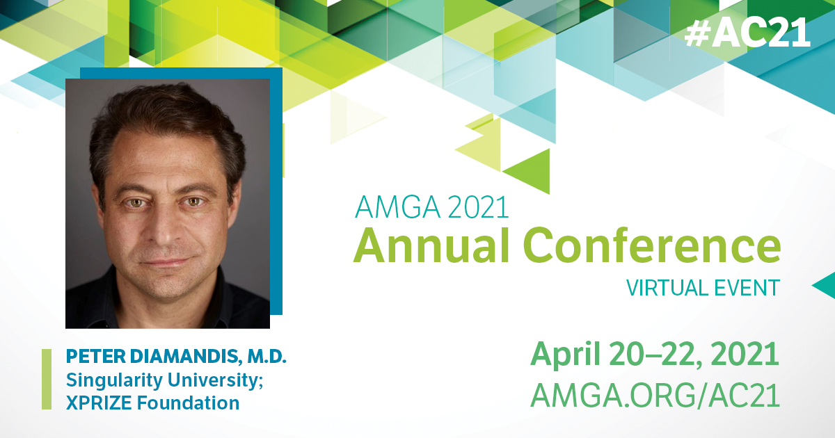 theAMGA's tweet image. During his #AC21 keynote, @Diamandis will explain how the 6 D's—Digitization, Deception, Disruption, Dematerialization, Demonetization, and Democratization—will impact healthcare products and services going forward. bit.ly/3nEGR5p.