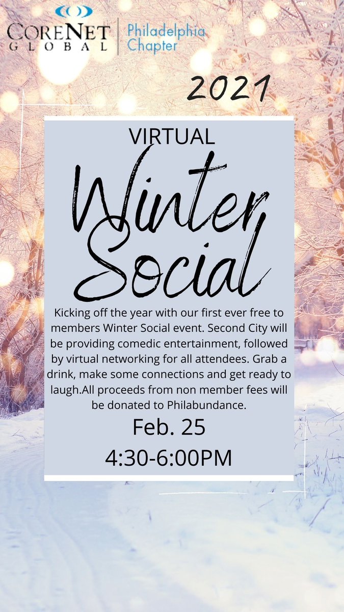 PhillyCoreNet's tweet photo. Last call to register for the 2021 Winter Social! Join us this Thursday for some laughs and virtual networking - registration is free for members and proceeds from non-member fees will be donated to Philabundance. Sign up using the link below!

https://t.co/TBUHuqsdcO https://t.co/0Ox3j5wRtZ