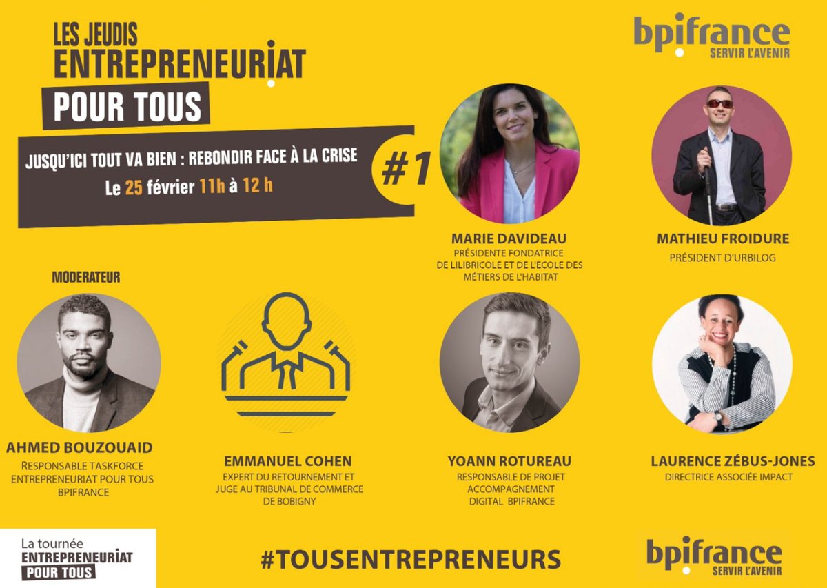 Ne manquez pas ce jeudi à 11h la reprise de notre série "les Jeudis Entrepreneuriat Pour Tous". Ce premier webinaire portera sur le rebond face à la crise 🚀 Il sera animé par <a href="/AhmedBouzouaid/">Ahmed BOUZOUAID</a> Foncez et inscrivez-vous gratuitement ici 👉 bit.ly/3qNxyTl #TousEntrepreneurs