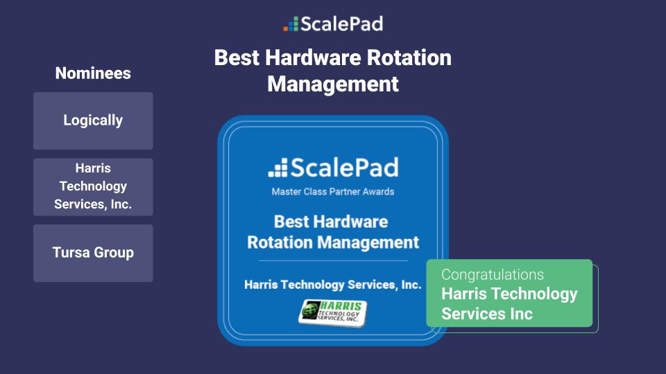 Next up is our "Best Hardware Rotation Management" award. These companies are highly skilled at using ScalePad reporting to plan ahead on hardware rotation for their customers. 
Nominees:
<a href="/LogicallyMSP/">Logically</a> 
<a href="/tursagroup/">Tursa Group</a> 
WINNER: Harris Technology Services, Inc. scalepad.com/news-events/20…