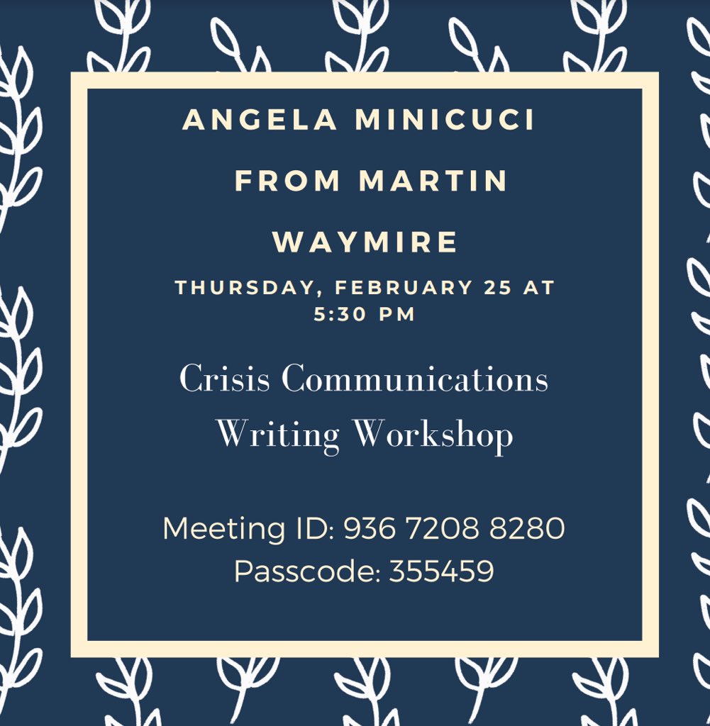 Tune in this Thursday to learn about Crisis Communications and participate in a writing workshop with a PR Professional! 

See you all Thursday at 5:30 PM‼️

Zoom Link: msu.zoom.us/j/93672088280

Passcode: 355459
