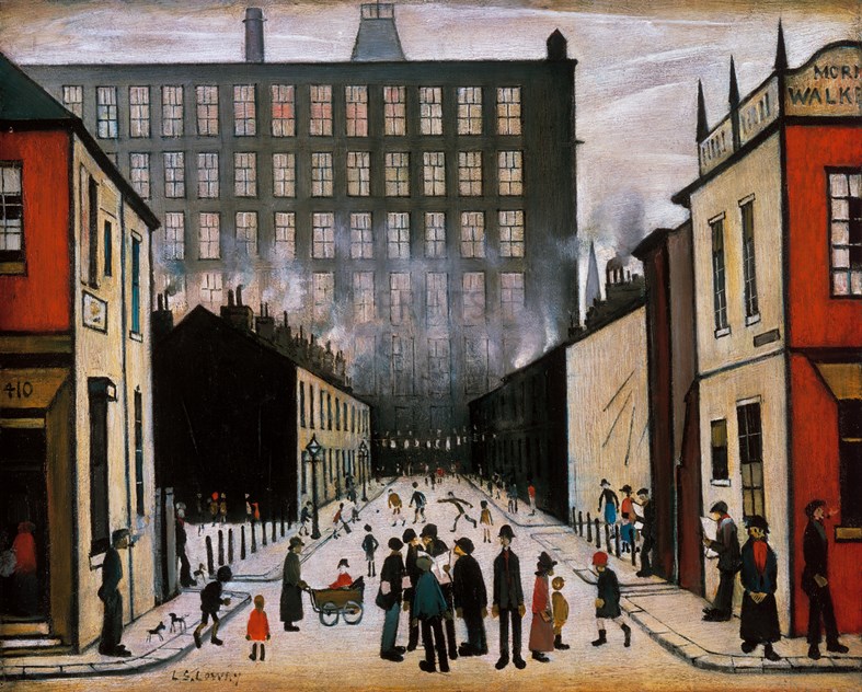Today is the anniversary of the death of L.S. Lowry. He died 45 years ago on 23rd February 1976 aged 88. This is one of our favourite paintings by the artist - Street Scene, Pendlebury (1935)