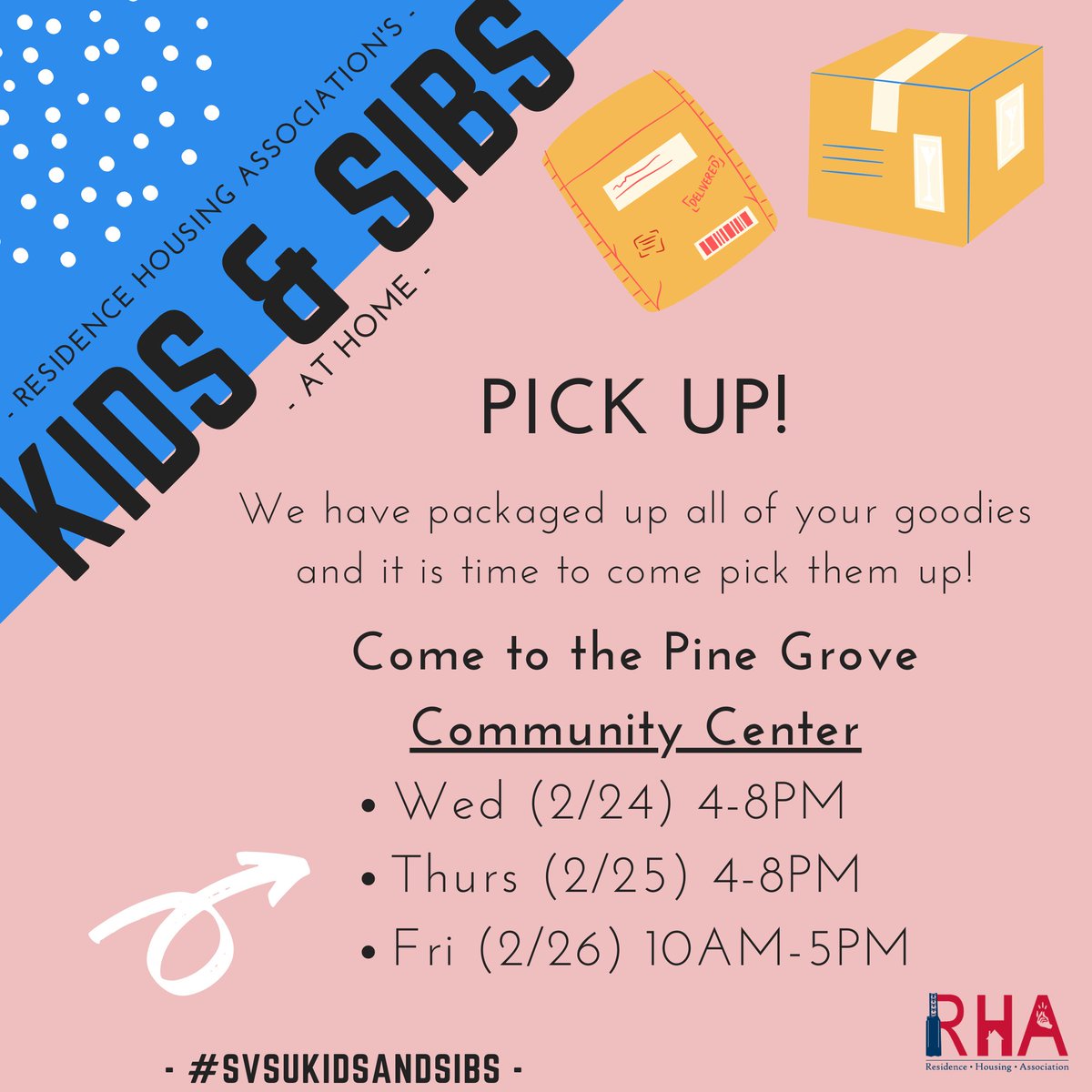 Kids and Sibs at Home pick up starts TOMORROW! Pick up is taking place at the Pine Grove 7800 Community Center! If you are unable to come during these times, please email rha@svsu.edu to coordinate an alternate time! #SVSUResLife #SVSUKidsandSibs #svsu <a href="/SVSU/">SVSU</a>