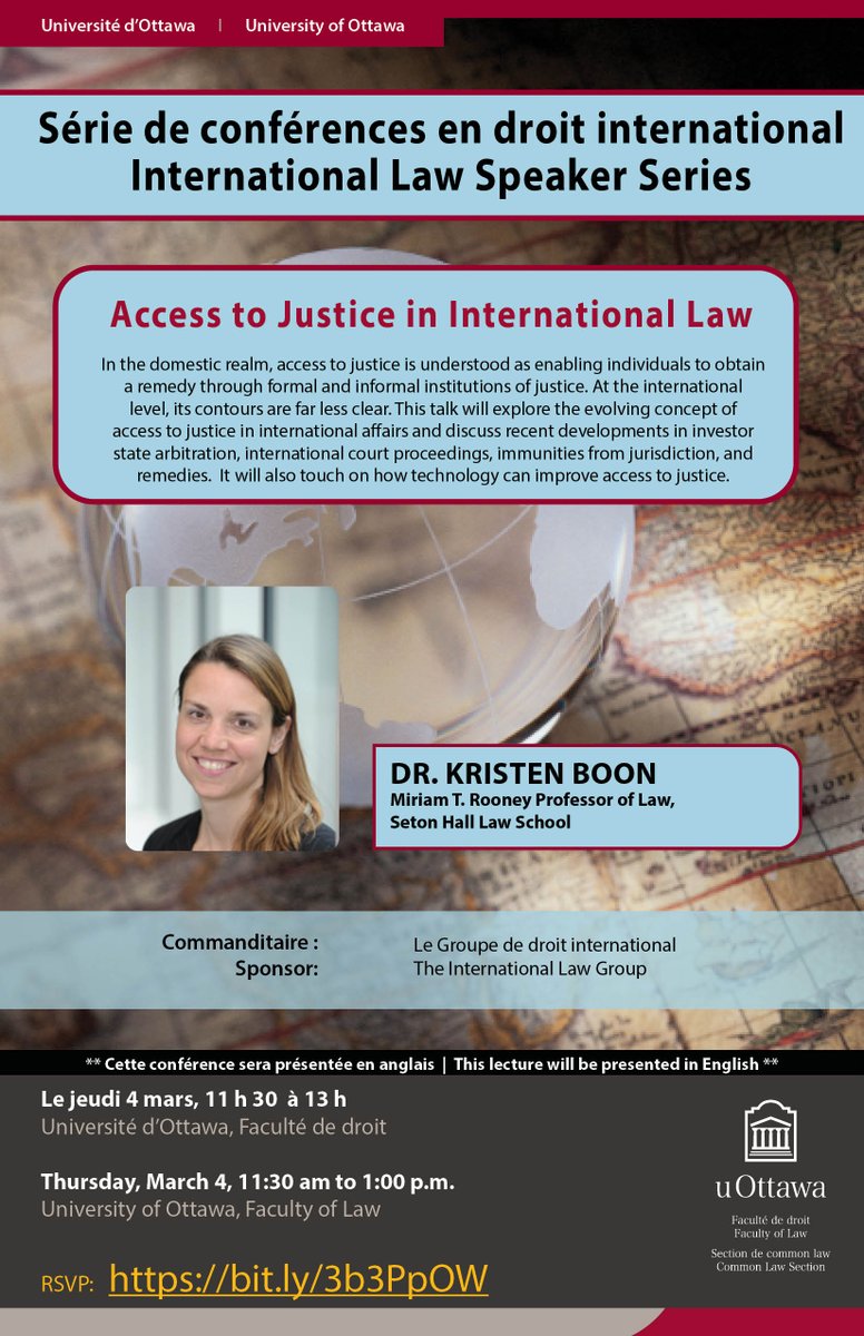 H_Soloway_Chair's tweet photo. On March 4th, @ProfKristenBoon will deliver a talk on Access to Justice in International Law. 

Join us for an interesting discussion using the following link: https://t.co/0rFBD1qSu9 https://t.co/DMWBQSqlLi