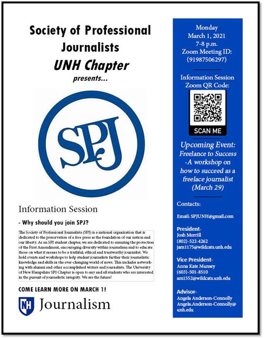 Interested in the Society of Professional Journalists at UNH? Attend our info session Monday, March 1 at 7 pm! Hope to see you there! #unh #spj