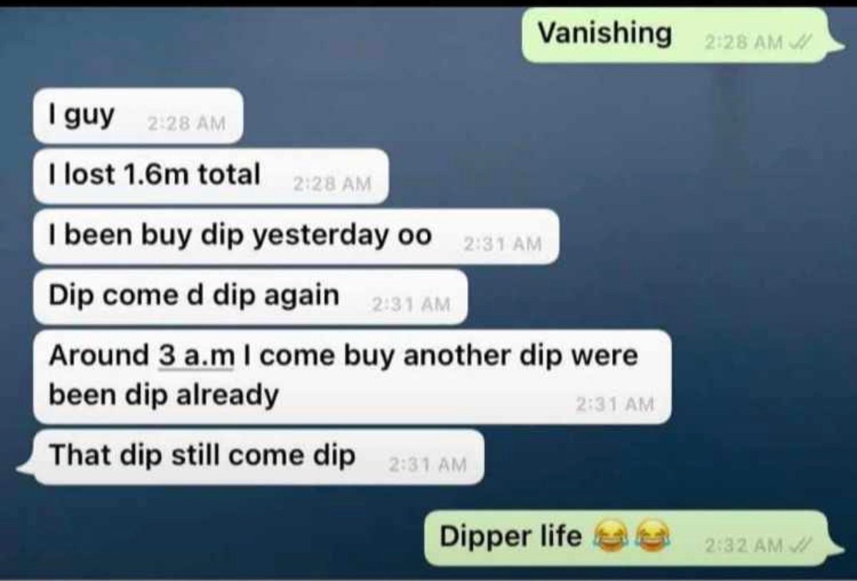 the_beye's tweet photo. You buy dip, dip dip again, then you bought the dip, it dipped further, then you bought it again.

You get coconut head wahali. https://t.co/WsMuC9bHln