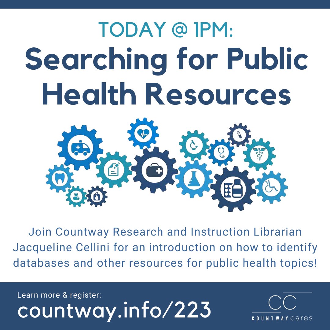 HMSCountway's tweet photo. TODAY at 1pm! Join us for an intro on how to identify databases and other resources for #publichealth topics! Register now: https://t.co/pfV64XcnTS #libraryfromhome #discoveryourlibrary #countwayconnects #remotelearning #research @HarvardMed @HarvardChanSPH @HMSpostdoc https://t.co/rbxjRcT8Sq