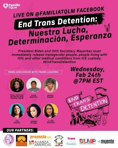 Happening tomorrow!! Wednesday, 2/ 24- join <a href="/familiatqlm/">Familia: Trans Queer Liberation Movement</a> and speakers on ending Trans detention! 
Conversation will be live on their Facebook- 
BLMP’s <a href="/ZapataAneiry/">Aneiry Zapata</a> will be reppin! 
#BlackQueerTransMigrants 
#ENDTRANSDETENTION