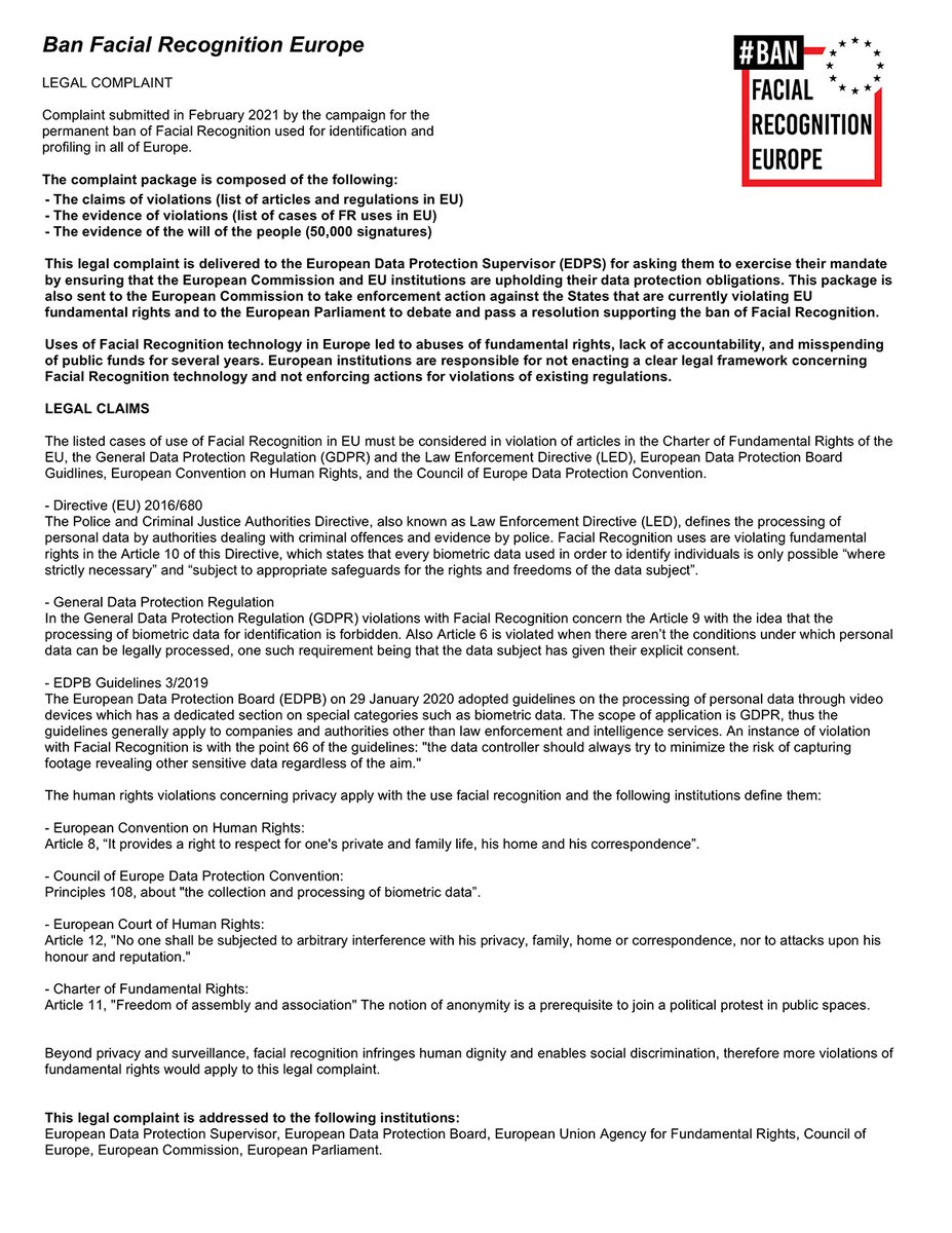 For #BanFacialRecognitionEU campaign a package to the EU institutions with a legal complaint, evidence of violations, and 50000 signatures. 
Ban-Facial-Recognition.EU

The complaint:
ban-facial-recognition.eu/FR-Petition-Ba…
The violations:
ban-facial-recognition.eu/FR-Petition-Ba…

Press kit:
drive.google.com/drive/folders/…