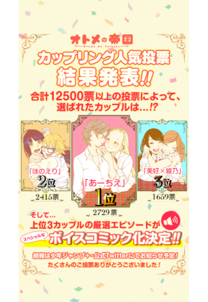 岸虎次郎 オトメの帝国カップリング 選挙 集計結果が発表されました そして今回 なんと上位3カップルの厳選エピソードがボイスコミック化されます とりあえず声優陣がすごいということだけここで申し上げておきます 詳細は追って沙汰する T Co 岸虎次郎 オトメの帝国カップリング 選挙 集計結果が発表されました そして今回 なんと上位3カップルの厳選エピソードがボイスコミック化されます とりあえず声優陣がすごいということだけここで申し上げておきます 詳細は追って沙汰する T Co