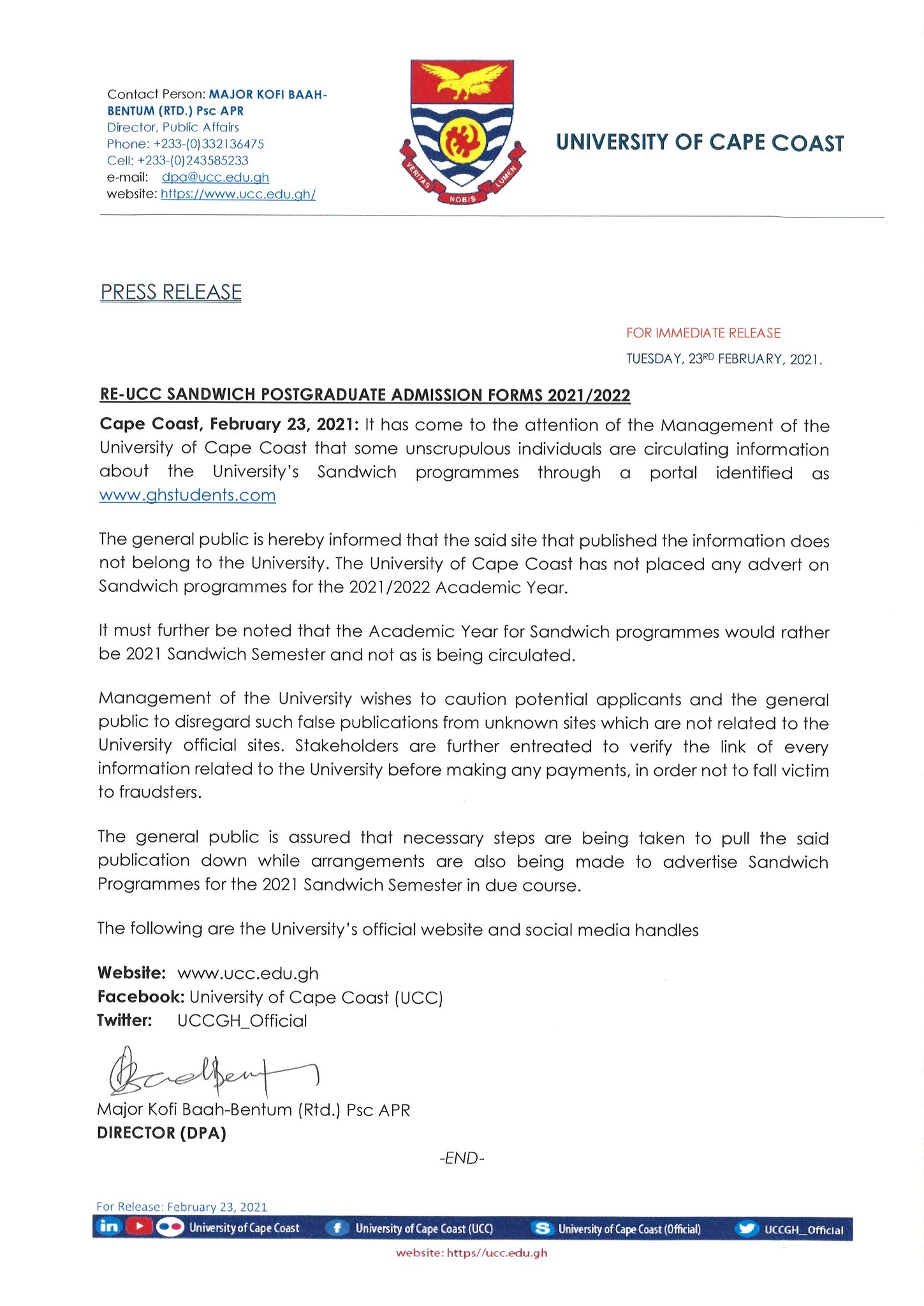 University of Cape Coast (UCC) on Twitter "For the information of the