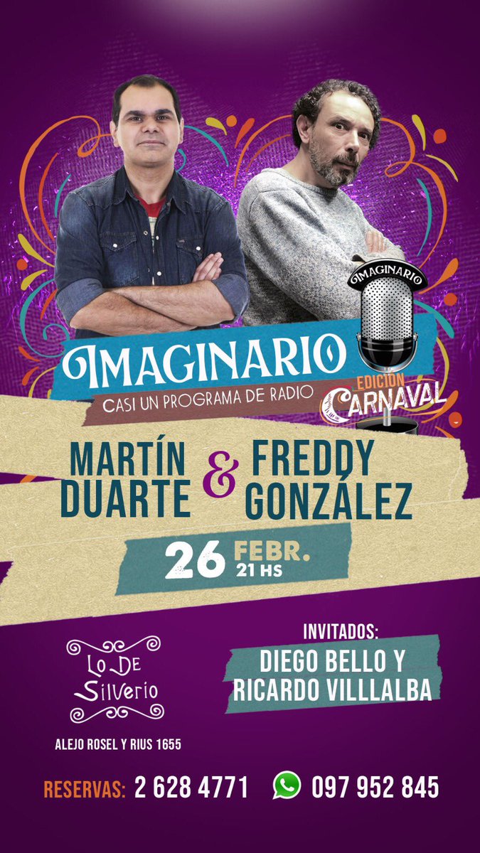 Volvemos el Viernes <a href="/doce12monos/">Freddy González</a> ! Con Diego Bello y Ricardo Villlaba