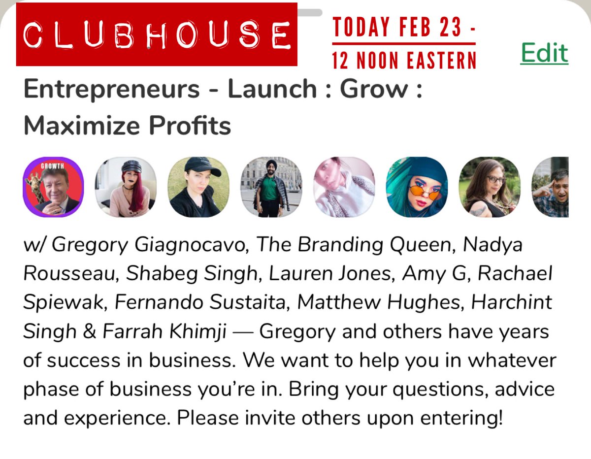 Yippie... once again!

Clubhouse room
Name: “Entrepreneurs - Launch. Grow. Maximize Profit.”
Time: 12 noon Eastern Time
    Questions and input from the audience.

It’s programmed for 90 minutes but last week it ran for 3 hours. 
Come join in!