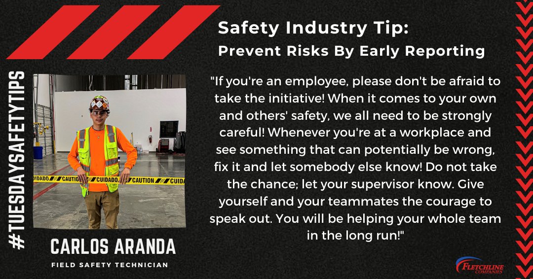 fletchline's tweet photo. #TuesdayTips
This week Carlos wanted to share his thoughts on how early reporting can prevent risks and injuries on a job site. 

Thank You, Carlos, for sharing this safety advice and empowering everyone to be #FletchlineSafe
-
#safetyfirst #construction #constructionsafety https://t.co/x4cquWlGZO