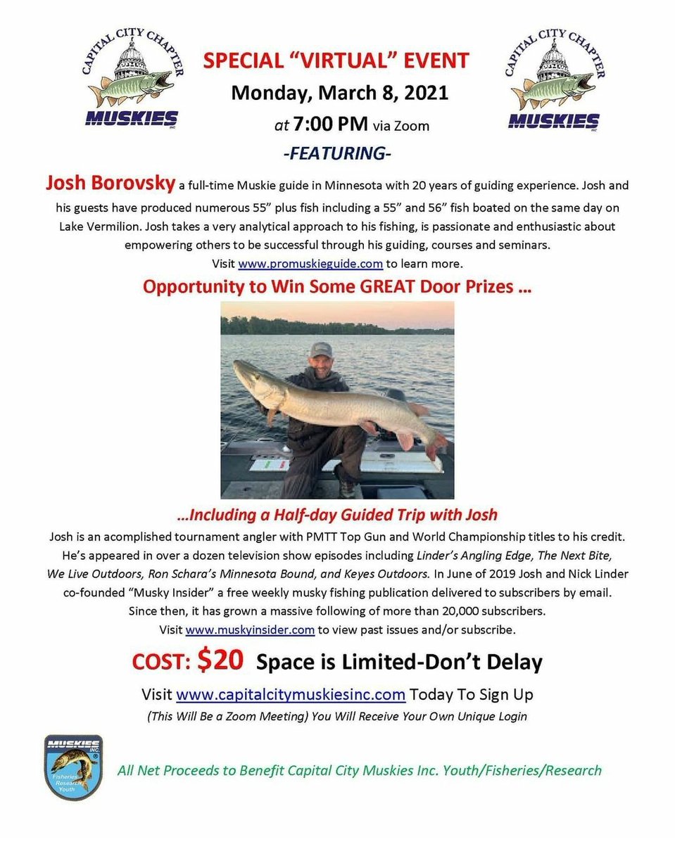 CapCityMuskies's tweet image. Thank you to all that joined us last night for our awards meeting.  Please mark your calendars and register for our next event on March 8th with MN Muskie Guide, Josh Borovsky! 🎣 #CCMI #CapitalCityMuskiesInc #MuskiesInc