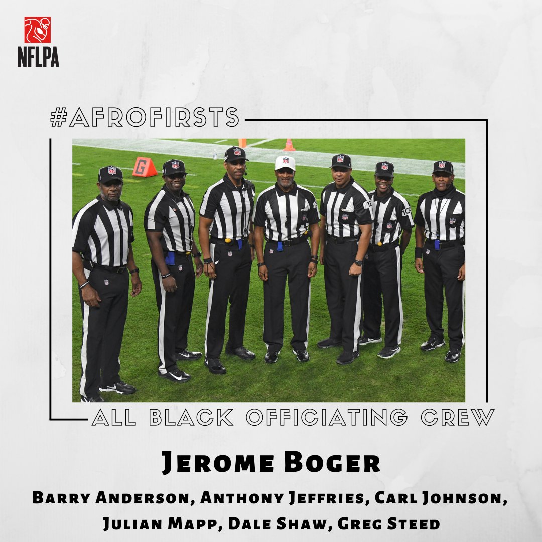 NFLPAFmrPlayers's tweet photo. Monday, November 23rd, 2020 marked the first time an all Black officiating crew officiated an NFL game. The seven man crew was led by Jerome Boger! #AfroFirsts #BHM https://t.co/qUVKUjllol