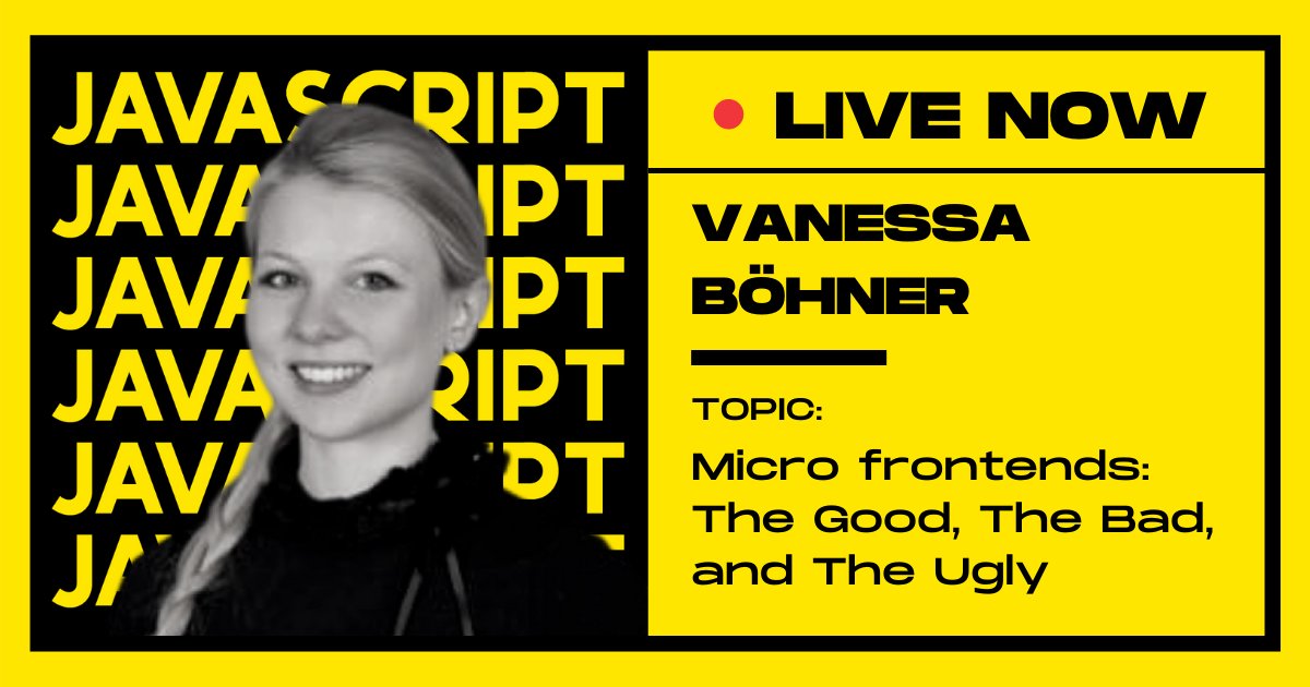 JSworldconf's tweet image. Currently broadcasting LIVE is a talk by Vanessa Böhner @vannsl.🤩🤩

Join the #JSworldConference right now &amp;amp; listen to her talk about #MicroFrontends: The Good, The Bad, and The Ugly.

Get direct access to join the conference➡️  bit.ly/3ul2VGX