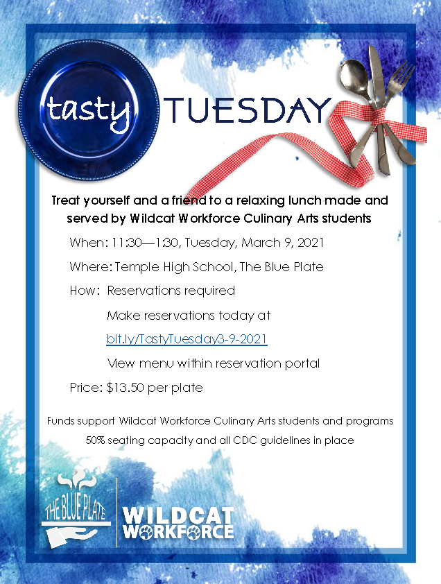 DeniseAyres13's tweet photo. Our inaugural #TastyTuesday in #TheBluePlate was a big success last month and we're already looking forward to serving you again. Reserve your table today for March 9. https://t.co/zzryaW7AxF (see menu in reservation link) #WildcatWorkforce #ReachingHigher https://t.co/cLF8gfLVcM
