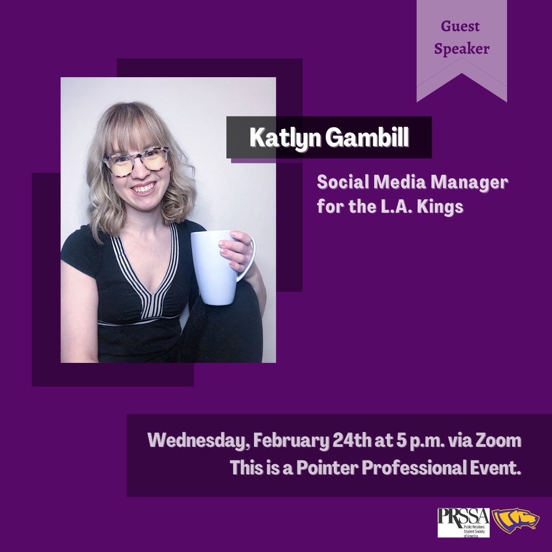 ✨MEETING TOMORROW✨
We are excited to welcome Katlyn Gambill, the social media manager for the L.A. Kings! 🏒🥅 This will be a great opportunity to network and learn about sports marketing. See you there! 💻
Meeting URL: uwsp.zoom.us/j/92214741130?…
Passcode: uwspprssa
#pointersprssa