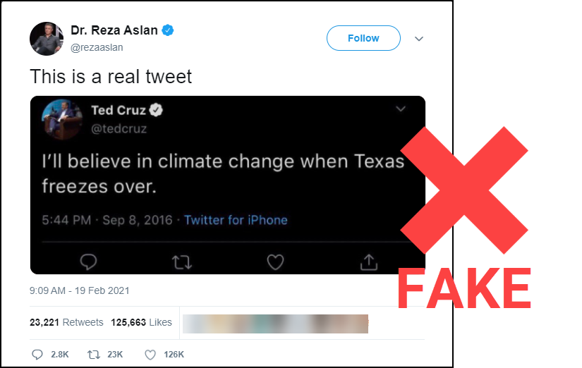 NewsLitProject's tweet photo. NO, Ted Cruz did not tweet this in 2016. It's a fake tweet that spread quickly in wake of his trip to Cancun last week amid Texas' weather emergency.

View this debunked rumor &amp; others in today's Viral Rumor Rundown in the Get Smart About News newsletter: https://t.co/ijWF1bHJIV https://t.co/qlnUuG4owt