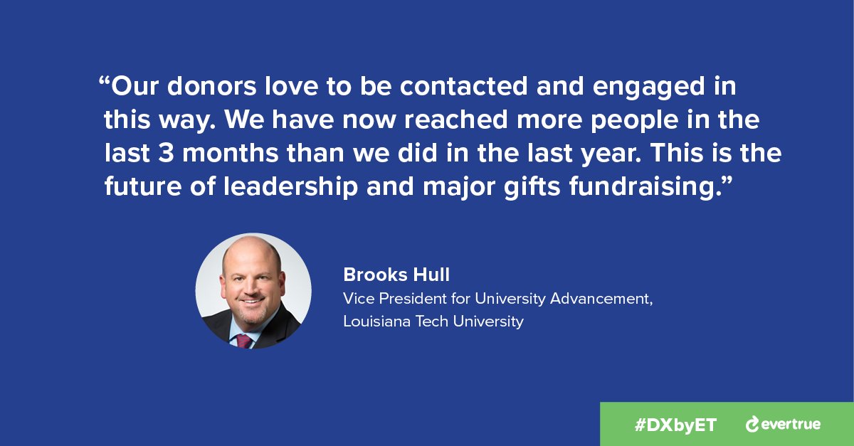 EverTrue's tweet photo. Looking to build donor relationships and #majorgift pipeline?
Learn more about how Louisiana Tech University's #DXbyET program is building more relationships than ever.
https://t.co/DCDFJ6PVBY
#highered #advancement #donorexperience https://t.co/hbPARn42Wo