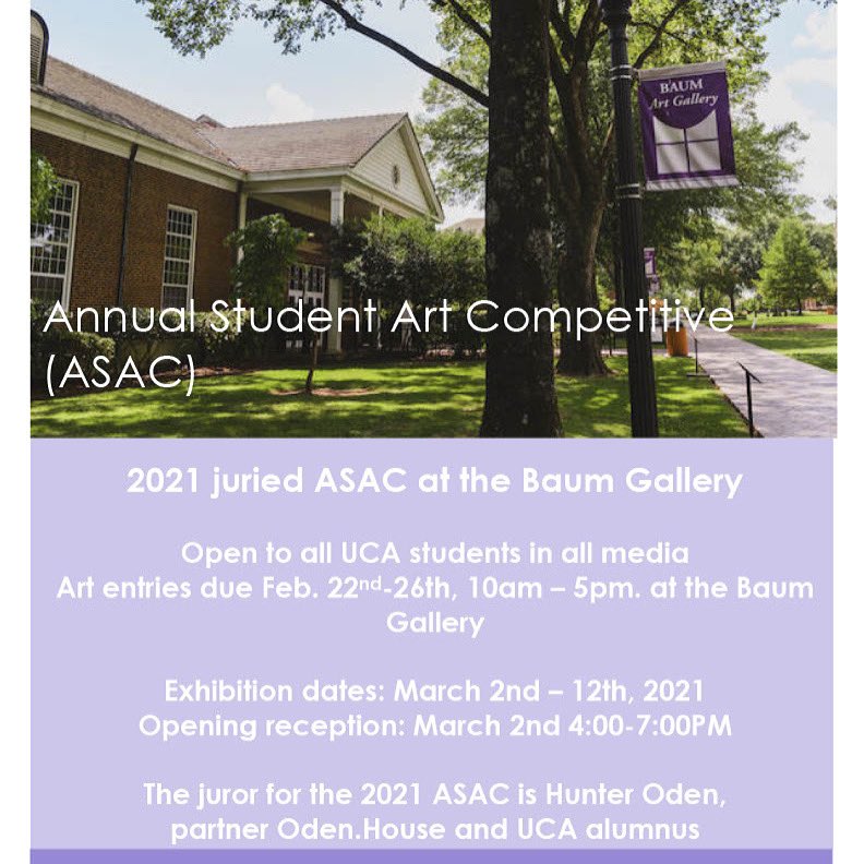 Don’t forget that submissions for the 2021 ASCA are being accepted this week at the Baum Gallery!