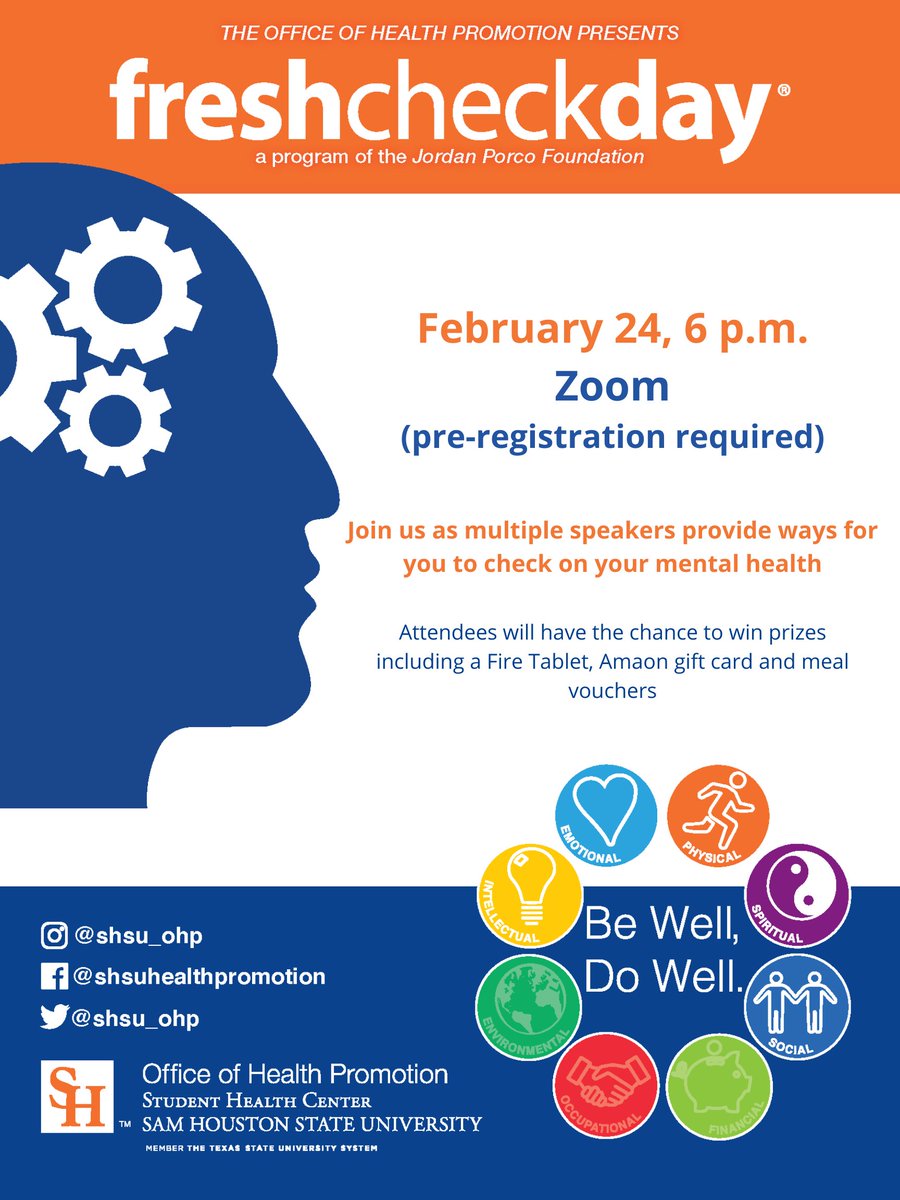 shsuwellness's tweet photo. Join OHP &amp; other campus partners as we check-in on your mental health with FRESH CHECK DAY, tomorrow at 6pm. We'll talk about suicide prevention &amp; stress management, and you'll have the chance to earn prizes.

Register here: https://t.co/W70PiqOCeN

#BeWellDoWell #SHSU #Bearkats https://t.co/SgJBJRIlH8