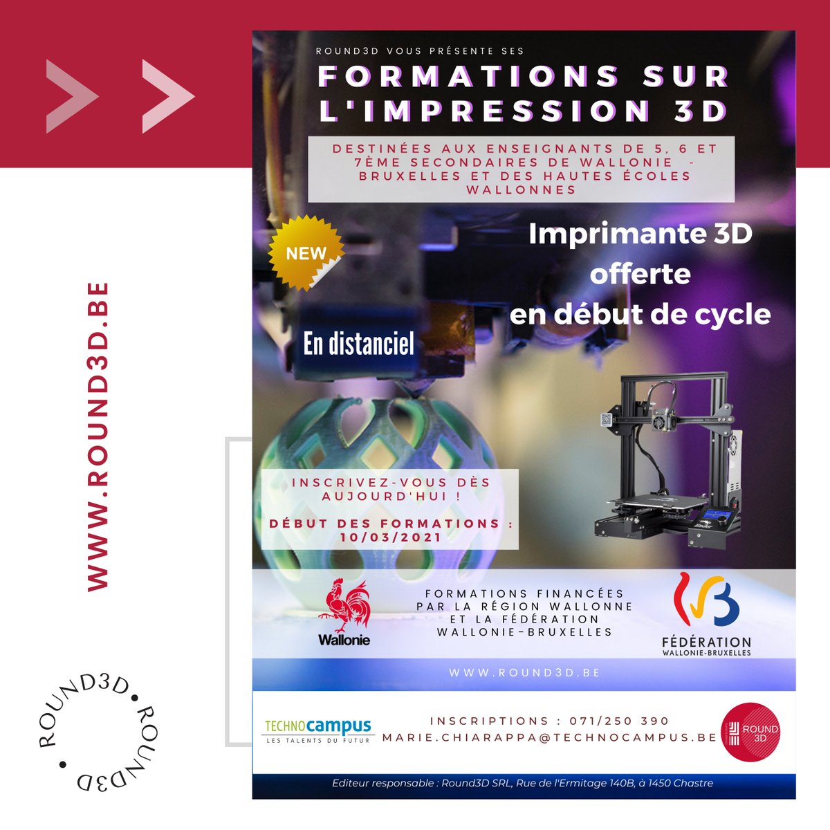 Venez découvrir nos formations à l'impression 3D pour les enseignants de 5, 6 et 7ème secondaires de Wallonie  -Bruxelles et des hautes écoles wallonnes !
Inscrivez-vous dès aujourd'hui !
Début des formations : 10/03/2021
#formations  #3Dprinting #3D #impression3D  #round3d