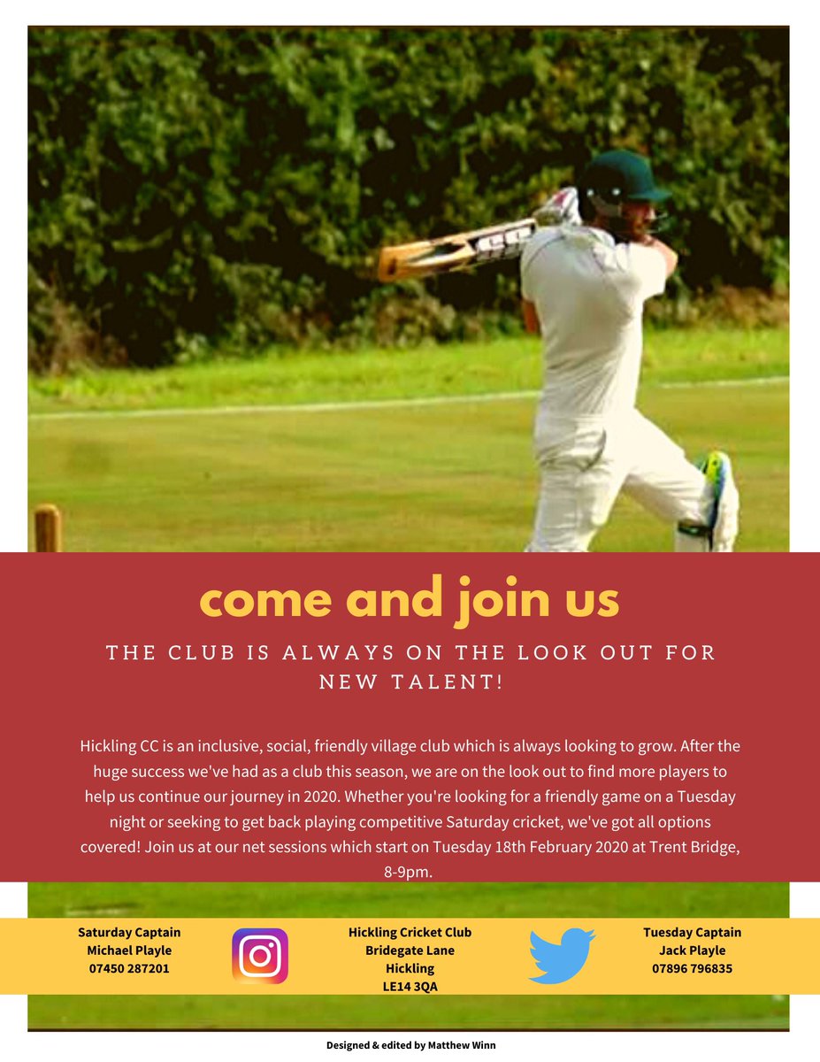 Join us for 2021 👊🏼

We’re always on the lookout for new players to be part of the Hickling CC family. This season will hopefully be back to some sort of normality, therefore it’s a perfect time to get involved.

All abilities welcome ☺️DM us for further information