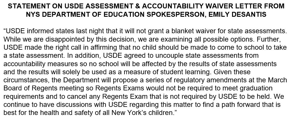 NYSEDNews's tweet photo. Statement on USDE Assessment &amp; Accountability Waiver Letter From NYSED Spokesperson, Emily DeSantis: https://t.co/sDegEOdwf8 https://t.co/802eudFvFe