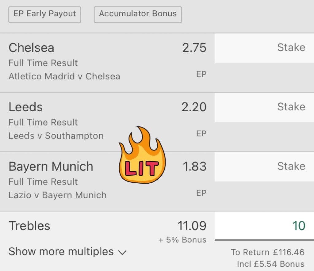 FootytipPremier's tweet photo. Tuesday night acca: ⚽️🤑
Leeds
Bayern Munich
Chelsea
All to win ⬆️ 10/1!! 👀
#footballtips #footballacca #soccerpicks #gamblingtwitter #freepicks #bettingtips #epl #UCL #ChampionsLeague #AtletiChelsea #ATLCHE #LEESOU #LAZFCB #LazioBayern #CFC #Chelsea #leeds #bayern https://t.co/YutbvMc8Mq