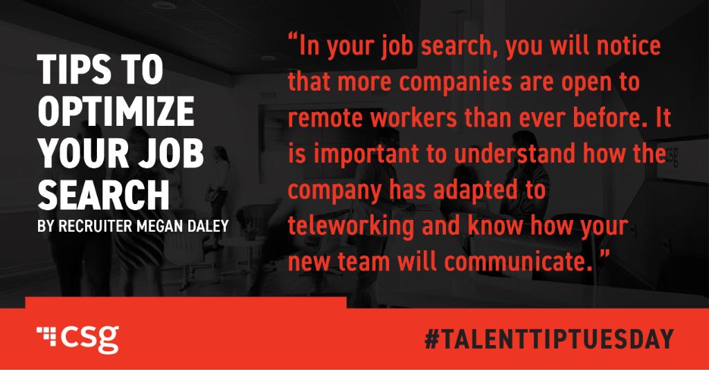 csg_i's tweet photo. Recruiter Megan Daley gives advice on how to optimize your job search for todayโs #talenttiptuesday. Interested in joining the CSG team? Check out current openings: https://t.co/FmykYkzyom https://t.co/EGfLbYnyX0