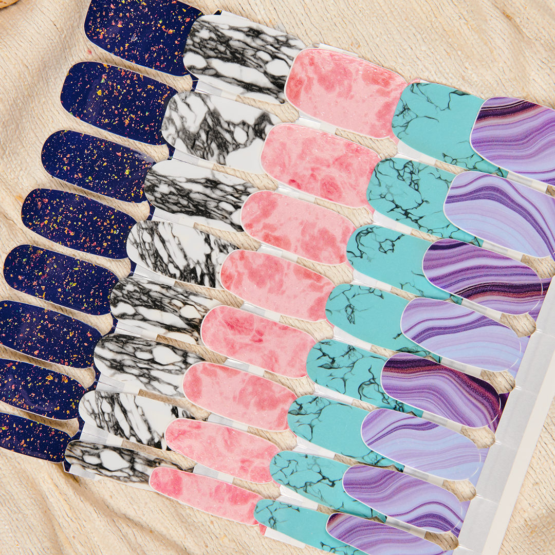 Five new limited edition gem and stone-inspired looks for your nails 💅✨. Which of these are you most excited to try? 

From left to right: Deepwater Opal, Mystic Marble, Blushing Rose Quartz, Mojave Turquoise, and Ultraviolet Agate.