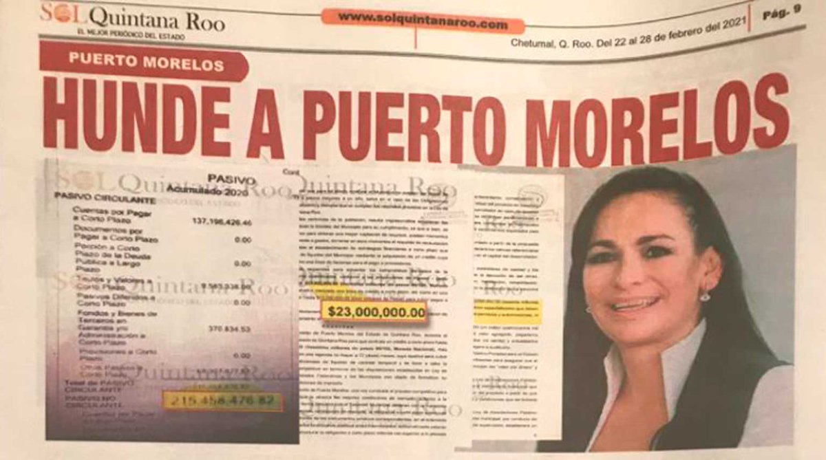 AntiCorrupcioPM's tweet photo. Con una #deuda de más de 215 millones de pesos en #PuertoMorelos a proveedores y contratistas, la presidenta municipal @LauFdzOficial Laura Lynn Fernandez raPiña, pretende dejar el cargo para buscar la candidatura a diputada federal por el @partidoverdemex https://t.co/ZM341NPaIb