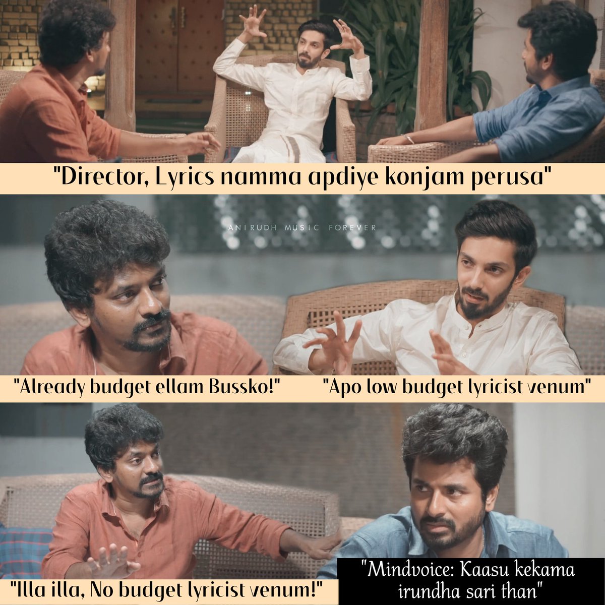 AnirudhMusicFvr's tweet photo. N: "Already budget ellam Bussko!"

SK (Mindvoice): "Kaasu kekama 
irundha sari than!" 😂😂

#Kalaimamani Awardee ah No Budget Lyricist ah aakitangale! 😆

#SoBaby, from #Doctor! Feb 25th 🌟

@anirudhofficial @Siva_Kartikeyan @Nelsondilpkumar #Doctor3rdSingle https://t.co/oYmZhyOoCB