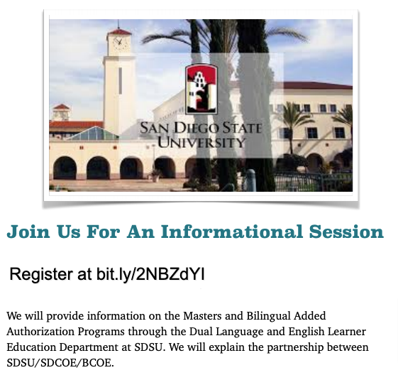 TOMORROW  WED 2/24  4pm! - Current or previous year 2 SDCOE Induction or Intern candidates interested in an Education Masters or a Bilingual Added Authorization Cert - Register now for an information session w/ <a href="/DLE_SDSU/">DLE_SDSU</a> , <a href="/FES_BCOE/">Future Ed. Support</a>, and <a href="/SDCOE4Educators/">Teacher Effectiveness and Preparation</a> 
buff.ly/2ZFfazY