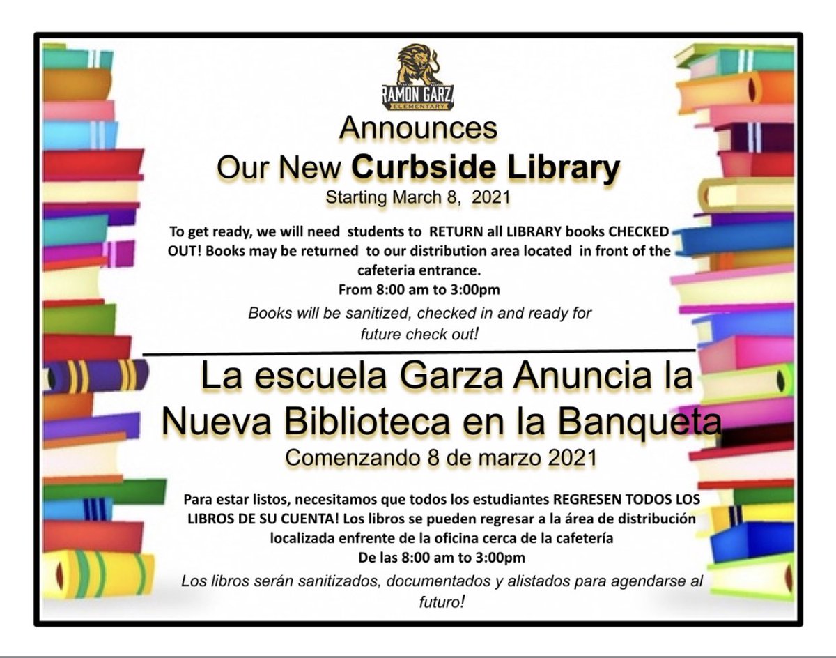 Hi Garza Lions!
We are excited to announce that our Garza Curbside Library begins March 8th. Please see flyer for more information 🦁☺️📚

#GarzaLions #TeamBCSD