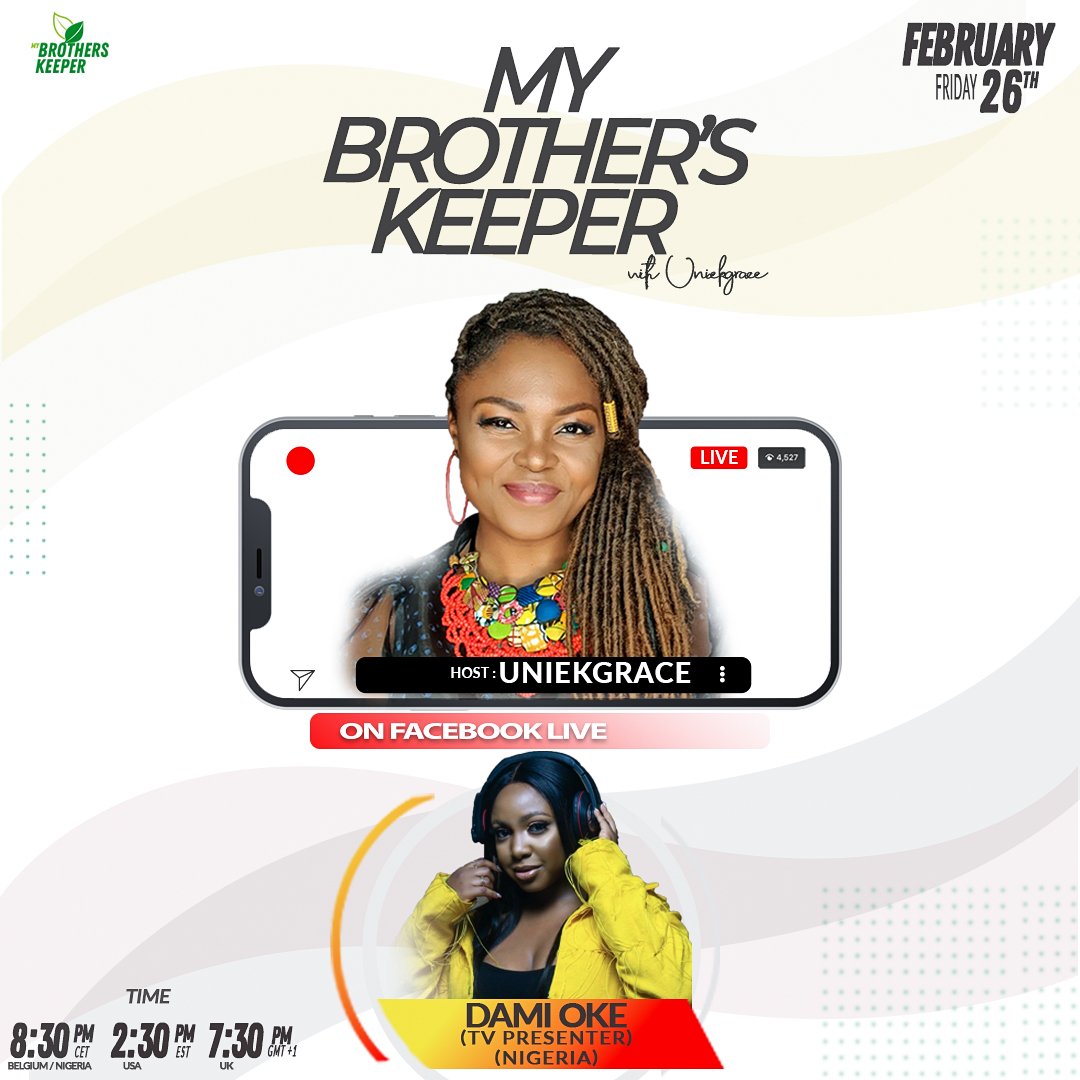 uniekgrace's tweet photo. My next guest on MY BROTHER'S KEEPER is @dami_oke 
A brilliant mind in d entertainment industry who left her comfort zone to create something just for her. Against many odds, she kept at it. 
Now she is balling and still pushing.
Join me this Friday on Facebook live 20h30 PM cet https://t.co/enVGysXEB1