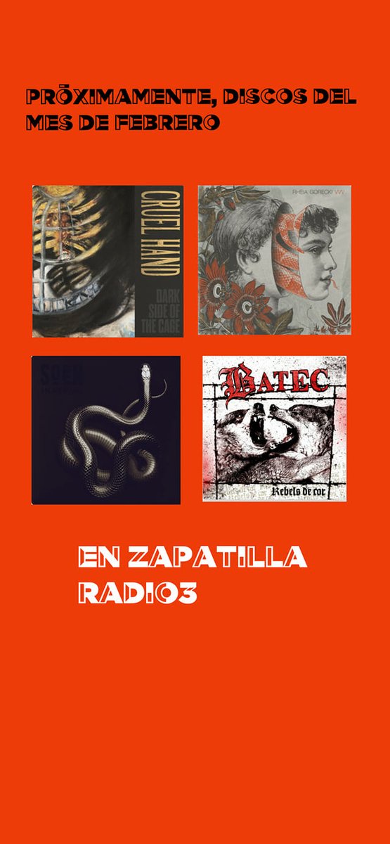 SinBanderaRadio's tweet photo. ¿Cuál es el disco del mes de febrero?
Este jueves, #ipanemaleaks nos trae su selección.
¡Danos tu opinión!
#Zapatillar3 @Radio3Extra #discosdelmes
#RheiaGorecki #CruelHand #BATEC #Soen https://t.co/qSvPlxGNOF
